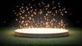 Magical sparkling lights above empty circular stage on grass background