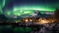 the magical spectacle of the Northern Lights dancing over a serene, snowy mountain landscape with a cozy cabin by the lake