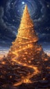 Magical Spiraling Golden Sand Castle Citadel City with Towering Spirals and Cosmic Star-Filled Night Sky. Generative ai