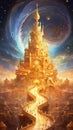 Magical Spiraling Golden Sand Castle Citadel City with Towering Spirals and Cosmic Star-Filled Night Sky. Generative ai