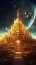 Magical Spiraling Golden Sand Castle Citadel City with Towering Spirals and Cosmic Star-Filled Night Sky. Generative ai