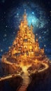 Magical Spiraling Golden Sand Castle Citadel City with Towering Spirals and Cosmic Star-Filled Night Sky. Generative ai