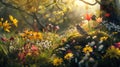 A magical springtime garden scene filled with colorful wildflowers and songbirds bathed in the soft, warm light of a setting sun