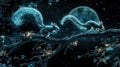 Magical Night Squirrels on a Twinkling Branch Under a Full Moon Royalty Free Stock Photo