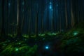 A magical, starlit forest with glowing mushrooms and fireflies