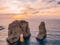 Magical sunset on Raouche, Pigeons` Rock. In Beirut, Lebanon