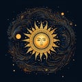 Magical sun for astrology, celestial alchemy. Heavenly art for the zodiac, tarot, device of the universe Royalty Free Stock Photo
