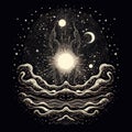 Magical sun for astrology, celestial alchemy. Heavenly art for the zodiac, tarot, device of the universe Royalty Free Stock Photo