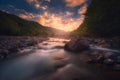 Magical sunrise over fast flowing mountain river