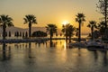 Magical sunrise with silhouette coconut palm tree and swimming pool in luxury hotel resort near sea. Beautiful morning seascape Royalty Free Stock Photo