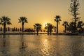 Magical sunrise with silhouette coconut palm tree and swimming pool in luxury hotel resort near sea. Beautiful morning seascape Royalty Free Stock Photo