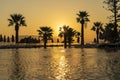 Magical sunrise with silhouette coconut palm tree and swimming pool in luxury hotel resort near sea. Beautiful morning seascape Royalty Free Stock Photo