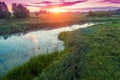 Magical sunset in countryside. Rural landscape in spring, wilderness Royalty Free Stock Photo