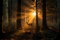 Magical Sunset In The Forest With The Sun\'s Rays Penetrating Through The Trees