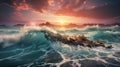 Magical sunset over the ocean. Ocean waves and sharp rock in the ocean.