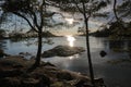 Magical sunset in winter in January over Lake Vaettern in Skaraborg in Vaestra Goetaland in Sweden Royalty Free Stock Photo