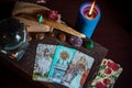 Magical Tarot cards at table, fortune telling concept