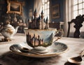 Magical teacup, with medieval castle inside. Digital illustration. CG Artwork Background Royalty Free Stock Photo