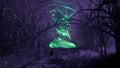 A magical tornado in a dark mystical misty forest. A fairy-tale scary forest with tall trees in a thick fog. 3D