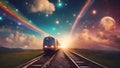magical train gliding along a track with rainbow separating the sky. The train is made of shimmering crystals and gems,