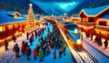 A train travels through a snow-covered Christmas town, its lights twinkling in the night.