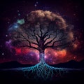 Magical tree with aura lights, strong roots connected to the earth, spirituality and belief concept, astral energy, generative AI Royalty Free Stock Photo