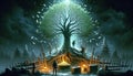 Fantasy illustration of a magical tree with floating books