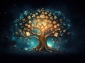 Magical tree with glowing golden flowers. Spirit tree on black background with golden light and sparkles. Generative AI