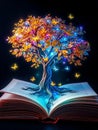 A magical tree grows from the pages of a book, with colorful butterflies fluttering around. Royalty Free Stock Photo