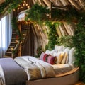 A magical treehouse bedroom with a spiral staircase, fairy lights, and a tree trunk bed frame3