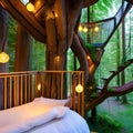 A magical treehouse bedroom with a spiral staircase, fairy lights, and a tree trunk bed frame2 Royalty Free Stock Photo