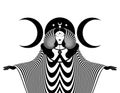 Magical triple goddess, priestess. Beautiful fairy woman with horns and long dress. Gothic Witch wiccan female sacred design Royalty Free Stock Photo