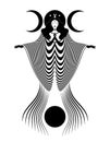 Magical triple goddess, priestess. Beautiful fairy woman with long dress. Gothic Witch wiccan female sacred design, magic