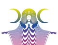 Magical triple goddess, priestess. Colorful fairy woman with horns and long dress. Gothic Witch wiccan female sacred design