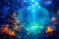 Magical underwater background with sea life.