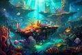 Magical underwater seascape with sea animals.