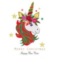 Magical Unicorn. Happy new year and merry christmas greeting card