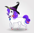 Magical unicorn with purple hair in witch hat on white background. Royalty Free Stock Photo