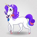 Magical unicorn with purple mane and rainbow eyes on transparent background. Royalty Free Stock Photo