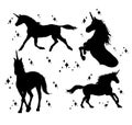 Magical unicorn silhouette, style icons, vintage, background, horse tattoo. Hand drawn unicorn vector illustration, outline black. Royalty Free Stock Photo