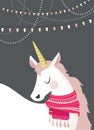 Magical unicorn at winter scine. merry christmas and happy new year Royalty Free Stock Photo