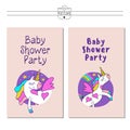 Lovely unicorns in the night sky and stars. Vector logo. Baby shower party.