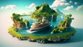 Magical Unreal Float Landscape with Waterfall Paradise Idea, Blue Sky Clouds, Floating Island, River, Ship. Generative Ai Royalty Free Stock Photo