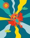 Magical vector poster with flying dragon in the sky. Chinese New Year 2024 cartoon character. Great design for any purpose