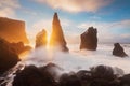 Magical Vestrahorn Mountains and Beach in Iceland at sunrise. Panoramic view of an Icelandic amazing landscape. Vestrahorn