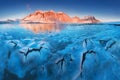 Magical Vestrahorn Mountains and Beach in Iceland at sunrise. Panoramic view of an Icelandic amazing landscape. Vestrahorn