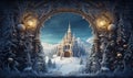 A magical view of a snowy castle in a winter forest. Enter through the Christmas gate into a fairyland