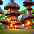 magical village with mushroom houses troll kids playing happy face in window Royalty Free Stock Photo