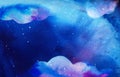 Magical watercolor space texture with stars and fantasy clouds. Mix of deep blue, indigo and purple colors. Cosmic