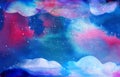 Magical watercolor space texture with stars and fantasy clouds. Mix of deep blue, teal and purple colors. Universe